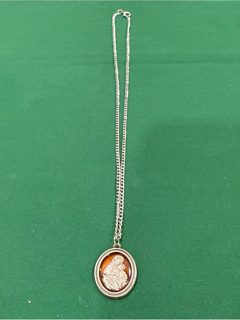St. Anthony Medal Pendant With Amber Colored Enamel Background. 102F